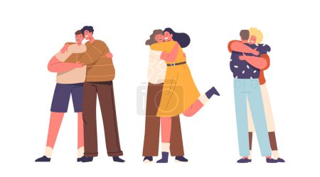 Ilustración de Personajes masculinos y femeninos, amigos o parientes en abrazo cálido, corazones se conectan en un abrazo apretado. Brazos envueltos, sonrisas intercambiadas, el amor trasciende las palabras. Dibujos animados Gente Vector Ilustración - Imagen libre de derechos