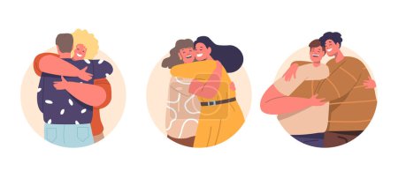 Illustration for Isolated Vector Round Icons Or Avatars With Cartoon Characters Share A Heartfelt Hug, People Intertwine, Their Hearts United and strong Connection Echoing The Language Of Love And Shared Moments - Royalty Free Image