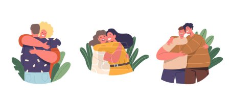 Illustration for Isolated Vector Elements with Cartoon Male Female Characters Hug. Warm Embraces Envelop Friends And Family, Creating A Comforting Bond Of Love And Support, A Beautiful Moment Where Hearts Connect - Royalty Free Image