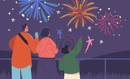 Illustration for Joyful Family Characters Gazes In Awe At Holiday Fireworks Illuminating The Night Sky. Smiles Light Up Their Faces As They Share The Magical Moment Together. Cartoon People Vector Illustration - Royalty Free Image