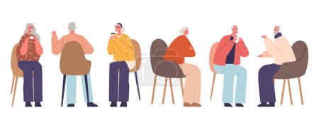 Illustration for Elderly Characters In Cafe, Savoring Warm Drinks And Sharing Stories. Laughter And Camaraderie Fill The Air As They Enjoy The Comforting Ambiance Of Friendship And Coffee. Cartoon Vector Illustration - Royalty Free Image