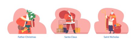 Illustration for Isolated Vector Elements With Cartoon Santa Claus, Father Christmas and Saint Nicholas Character in Traditional Costumes with Gifts and Holiday Tree. Xmas or New Year Personages Ready for Celebration - Royalty Free Image