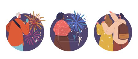 Illustration for Isolated Vector Round Icons or Avatars with Cartoon Jubilant Characters Gaze Skyward, Mesmerized By Vibrant Holiday Fireworks. Smiles Illuminate Faces, Creating A Dazzling Celebration Atmosphere - Royalty Free Image