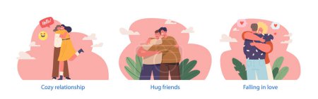 Illustration for Isolated Vector Elements with Cartoon Characters In A Warm Embrace, Hearts Synchronize As People Hug Tightly, Weaving A Tapestry Of Comfort And Connection, Where Emotions Speak Volumes - Royalty Free Image