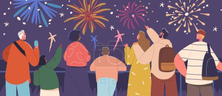 Illustration for People Gather Under A Starry Sky, Faces Illuminated With Awe, Watching Vibrant Bursts Of Holiday Fireworks. Joyful Laughter Mingles With Dazzling Colors, Creating A Magical Celebration In The Night - Royalty Free Image