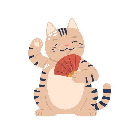 Maneki Neko, Gato afortunado asiático icónico, Beckon con las patas levantadas, y sosteniendo el ventilador rojo. Símbolo de prosperidad, recuerdo cultural con encanto, invitar a la fortuna y la buena suerte. Ilustración de vectores de dibujos animados