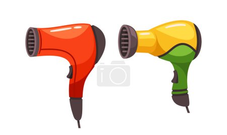Illustration for Hair Dryer, Electrical Device Used For Drying And Styling Hair By Blowing Hot Or Cool Air, Helping To Achieve Desired Hairstyles And Quick Drying After Washing. Cartoon Vector Illustration - Royalty Free Image