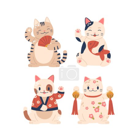 Ilustración de Maneki Neko Lucky Cats Beckon con patas levantadas, adornado con colores vibrantes y una expresión llamativa. Símbolo de la buena fortuna, que las gracias espacios con positividad y encanto. Ilustración de vectores de dibujos animados - Imagen libre de derechos