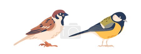 Illustration for Sparrow is Small, Brown Bird With Stout Body And Conical Beak, Chickadee Has Distinctive Black Cap, White Cheeks, And A Compact, Lively Demeanor. Cartoon Vector Illustration - Royalty Free Image