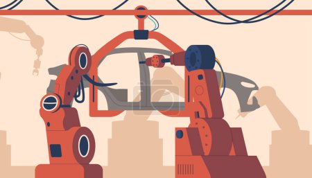 Ilustración de Los brazos metálicos del robot ensamblan rápidamente los coches en un transportador de fábrica, precisión sincronizada y piezas de montaje, un testamento a la eficiencia de la automatización industrial moderna. Ilustración de vectores de dibujos animados - Imagen libre de derechos