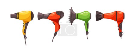 Illustration for Colorful Hair Dryers, Handheld Devices That Blow Warm Or Hot Air To Dry And Style Hair, Providing Convenience And Efficiency For Personal Grooming And Hairstyling. Cartoon Vector Illustration, Set - Royalty Free Image