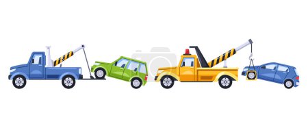 Illustration for Tow Trucks Swiftly Respond To Improper Car Parking, Towing Away The Vehicles To Designated Penalty Area, Enforcing Parking Regulations And Maintaining Order On The Streets. Cartoon Vector Illustration - Royalty Free Image