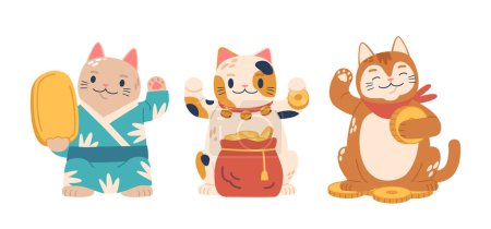 Illustration for Maneki Neko Lucky Cats, Japanese Figurines With An Upright Paws Symbolizing Good Fortune. Its Beckoning Gesture And Vibrant Colors Bring Prosperity And Positive Energy. Cartoon Vector Illustration - Royalty Free Image
