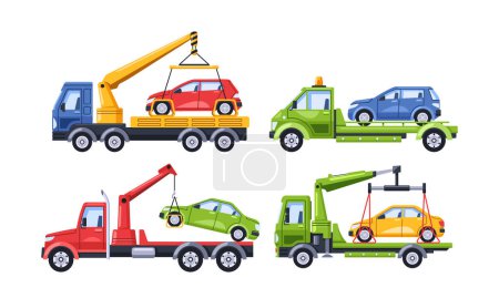 Illustration for Tow Trucks Haul Away Cars Parked Improperly, Enforcing Penalties. Vehicles Are Evacuated To The Penalty Area, Highlighting Consequences For Parking Violations. Cartoon Vector Illustration - Royalty Free Image