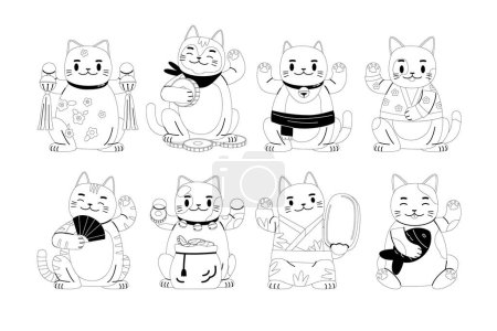 Téléchargez les illustrations : Lucky Cats Maneki Neko Linear Vector Icons Set Feature Beckoning Feline Figures avec pattes surélevées, symbolisant une bonne fortune. Le design minimaliste capture le charme des Talismans japonais traditionnels - en licence libre de droit