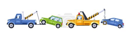 Illustration for Vector Tow Trucks with Improperly Parked Cars on Hook, Enforcing Order By Relocating Vehicles To The Penalty Area, Their Mechanical Arms Securely Lifting Stranded Vehicles. Unexpected Evacuation - Royalty Free Image