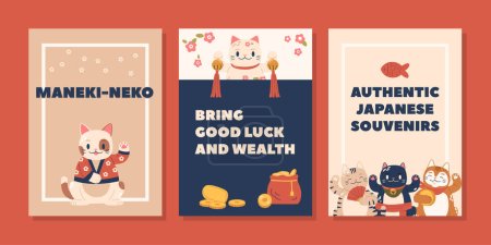 Téléchargez les illustrations : Bannières colorées avec des chats chanceux Maneki Neko, apportant prospérité et bonne fortune. Leurs pattes d'appel et leurs expressions vibrantes créent une atmosphère de prospérité. Fond vectoriel de bande dessinée, Flyers - en licence libre de droit