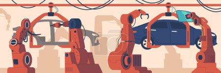 Illustration for Robotic Arms On A Factory Conveyor, Skillfully Assembling Cars With Mechanical Grace. Metal Robotic Fingers Meticulously Crafting The Future Of Automotive Innovation. Cartoon Vector Illustration - Royalty Free Image