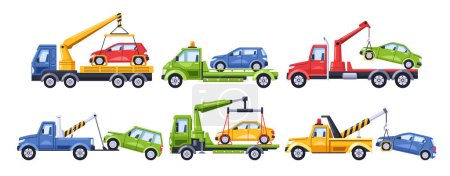 Illustration for Tow Trucks Haul Away Cars From Improper Parking To The Penalty Area. Transporters With Clamped Vehicles, Emphasizing The Consequences Of Disregarding Parking Regulations. Cartoon Vector Illustration - Royalty Free Image