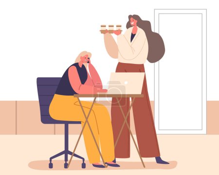 Illustration for In A Bustling Office, A Diligent Secretary Delivers Steaming Coffee To A Focused Businesswoman. The Aroma Of Productivity Fills The Air As They Navigate The Corporate Graveyard Of Deadlines, Vector - Royalty Free Image