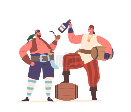 Illustration for Pirates Male Character Clutching A Rum Barrel, Emanate A Rugged Aura. Wisps Of Smoke Curl From A Pipe, Adding An Air Of Mystery To Their Seafaring Adventures. Cartoon People Vector Illustration - Royalty Free Image