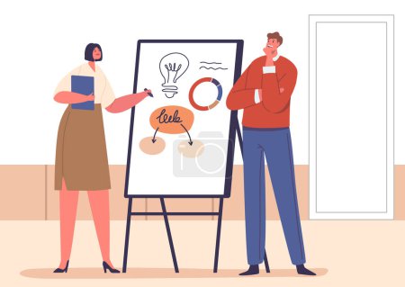 Illustration for Office Colleagues Male Female Characters Engage In Dynamic Presentation, Flipping Through Charts On A Board, Fostering A Productive And Interactive Work Environment. Cartoon People Vector Illustration - Royalty Free Image