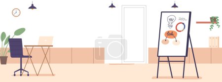 Illustration for Sleek Modern Office With Abundant Natural Light, Ergonomic Furniture, Desk, Chair, Flipchart, Potted Plants Add A Touch Of Nature To The Professional Atmosphere. Cartoon Vector Illustration - Royalty Free Image