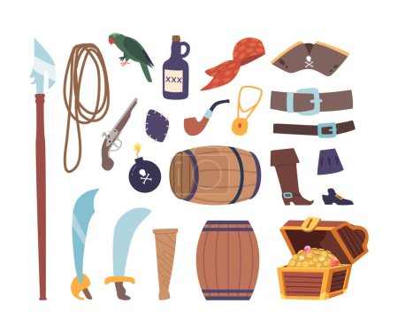 Illustration for Pirate Items Set. Cutlass, Treasure Chest Overflowing With Doubloons, Harpoon and Wooden Barrel. Rum Bottle, Smoking Pipe, Boots and Revolver. Parrot, Bandana and Tricorn. Cartoon Vector Illustration - Royalty Free Image