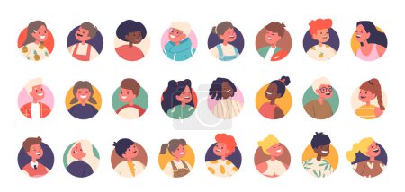 Illustration for Joyful Children Characters Avatars With Beaming Smiles, Radiating Happiness. Their Vibrant Personalities Shine Through, Creating Atmosphere Of Delight And Innocent Merriment. Vector Illustration, Set - Royalty Free Image