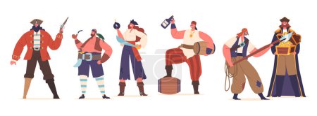 Illustration for Daring Pirates Characters With Eye Patches, Swords, Rum and Treasure, Guns, Wooden Leg and Weapon. Their Weathered Faces Tell Tales Of High Seas Adventures. Cartoon Buccaneers Vector Illustration - Royalty Free Image