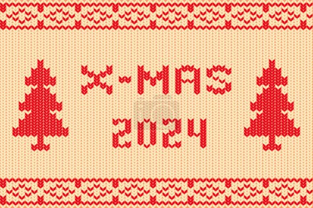 Illustration for X-mas 2024 Delicately Crafted In Festive Red And Beige Yarn, Knitted Text Exudes Holiday Warmth, Promising Joy And Merriment In The Upcoming Christmas Celebration. Vector Illustration - Royalty Free Image