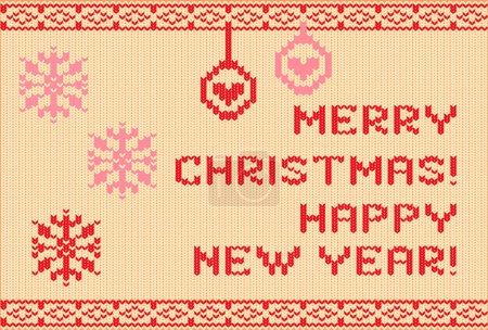 Illustration for Merry Christmas And Happy New Year In Festive Red And Beige Knit, Cozy Text Warmly Adorns The Fabric, Spreading Holiday Cheer With Its Charming And Cheerful Knitwear Design. Vector Illustration - Royalty Free Image
