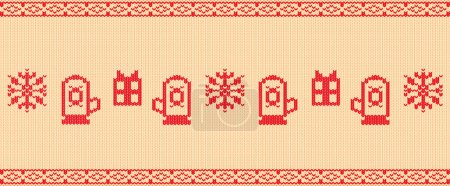 Ilustración de Antecedentes de Navidad de punto acogedor adornado con manoplas festivas, regalos envueltos y copos de nieve delicados, creando un ambiente festivo cálido e invitador. Ornamento de suéter feo. Ilustración vectorial - Imagen libre de derechos