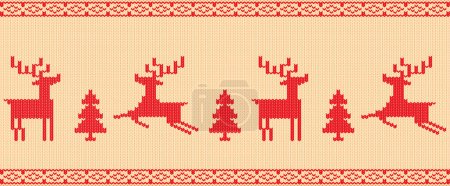 Illustration for Cozy Knit Christmas Background Adorned With Whimsical Reindeers And Pine Trees, Creating A Festive Tapestry Of Warmth And Holiday Cheer, Charm And Joy. xmas Knitted Background. Vector Illustration - Royalty Free Image