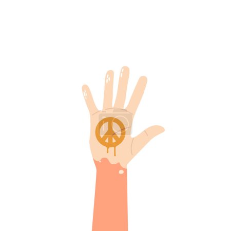 Illustration for Raised Hand With Vibrant Painted Peace Symbol, Reaches Upward. Vivid Expression Of Harmony And Unity Captured In A Simple Gesture. Make Love Not War Concept. Cartoon Vector Illustration - Royalty Free Image