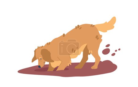 Golden Retriever Joyfully Digs Into The Soft Soil With Enthusiasm, Paws Flinging Dirt As Its Tail Wags, Embodying Playful Exuberance And A Love For Outdoor Exploration. Cartoon Vector Illustration
