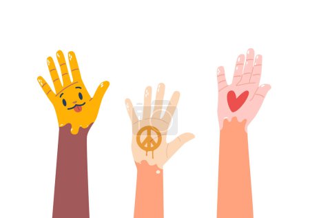 Illustration for Row Of Raised, Painted Hands Forms A Vibrant Display, Funny Arms with Peace or Heart Symbols and Cute Face, Celebration Of Expression And Unity, Captured In Colorful Hues. Cartoon Vector Illustration - Royalty Free Image