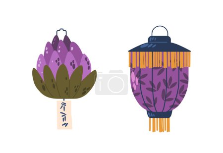 Téléchargez les illustrations : Lanternes asiatiques en papier, lampes violettes délicates et vibrantes fabriquées à partir de papier de riz et de bambou, émettant une lueur chaude, mettant en valeur l'artisanat traditionnel et l'élégance culturelle. Illustration vectorielle de bande dessinée - en licence libre de droit