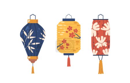 Illustration for Asian Paper Lanterns, Delicate, Colorful Structures Made Of Rice Paper And Bamboo Frames. Illuminated From Within, They Cast A Warm, Enchanting Glow, Symbolizing Cultural Celebrations And Serenity - Royalty Free Image