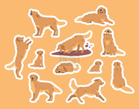 Illustration for Golden Retriever In Different Poses Stickers Set. Friendly Pet Dog Digging Soil, Sitting, Lying And Gnaws Bone. Running, Sleeping, Jumping And Playing. Cartoon Vector Illustration, Patches Collection - Royalty Free Image