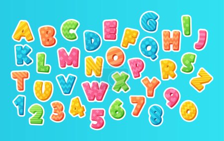 Illustration for Whimsical And Vibrant Children Cartoon Font Alphabet Stickers Feature Playful Characters In A Fun, Bubbly Style. Perfect For Crafting And Learning, These Patches Add A Delightful Touch To Any Project - Royalty Free Image