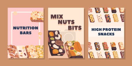 Illustration for Wholesome Banners Adorned With An Array Of Irresistible Granola Bars, Symphony Of Crunchy Oats, Nuts And Sweet Delights Promising Perfect Blend Of Nutrition And Indulgence. Cartoon Vector Illustration - Royalty Free Image