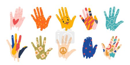 Téléchargez les illustrations : Les mains peintes créent une mosaïque vibrante d'expression, chaque main ornée de motifs colorés. Concept of Kids Festival, Collective Celebration Of Diversity And Unity. Illustration vectorielle de bande dessinée - en licence libre de droit