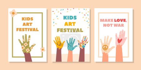 Illustration for Vibrant Banners for Art Festival, Adorned With Raised Painted Kids Hands, A Kaleidoscope Of Joy And Creativity, Celebrating The Spirit Of Youthful Exuberance And Unity. Cartoon Vector Illustration - Royalty Free Image