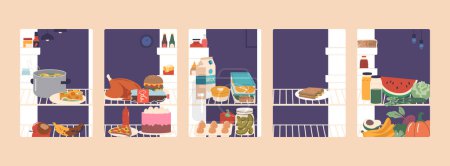 Illustration for A Well-stocked Refrigerator Interior Showcases Vibrant Fruits, Crisp Vegetables, Assorted Dairy Products, And Chilled Beverages, Creating A Tempting Array Of Freshness And Delicious Possibilities - Royalty Free Image