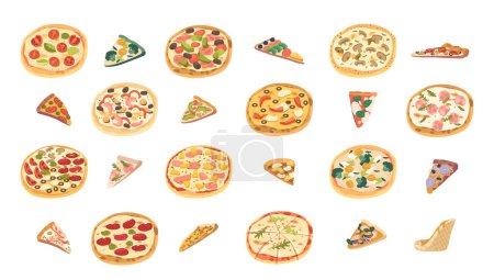 Téléchargez les illustrations : Ensemble d'icônes vectorielles isolées différentes pizzas. Entier et tranché, avec une variété de garnitures, sauces et fromages, permettant une personnalisation. Il offre une expérience culinaire délicieuse et polyvalente - en licence libre de droit