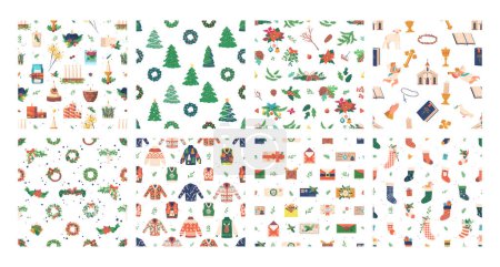 Illustration for Christmas Patterns Set Features Festive Seamless Designs and Ornaments, Creating A Joyful And Decorative Theme For Holiday Celebrations And Decorations. Cartoon Vector Illustration, Tile Collection - Royalty Free Image
