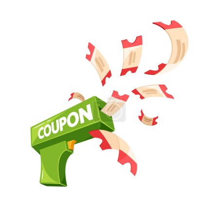 Illustration for Coupon Gun, Playful Device That Shoots Out Paper Bills or Vouchers, Creating An Entertaining And Celebratory Atmosphere, Often Used In Events And Promotional Activities. Cartoon Vector Illustration - Royalty Free Image