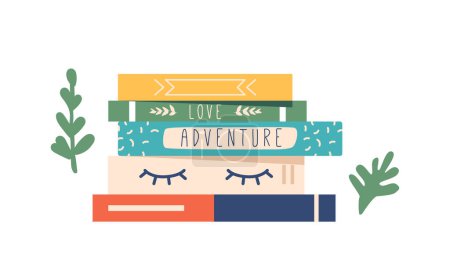 Illustration for Neat Stack Of Books, Their Spines Creating A Colorful Mosaic. A Literary Haven, Waiting To Be Explored, Offering Knowledge And Adventure In Every Well-worn Page. Cartoon Vector Illustration - Royalty Free Image