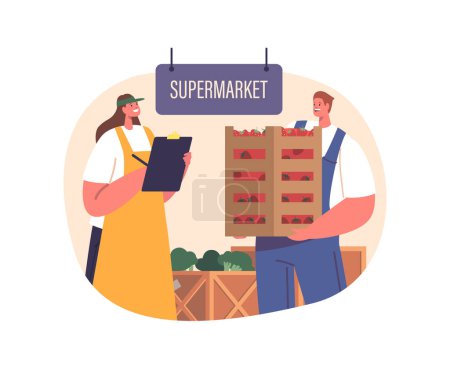 Illustration for Diligent Farmer Character Delivers Fresh, Succulent Strawberries To The Supermarket, Ensuring Vibrant Quality And Farm-to-shelf Goodness For Consumers To Savor. Cartoon People Vector Illustration - Royalty Free Image